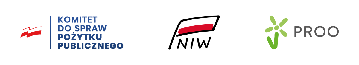 Logotypy: Komitet do spraw Pożytku Publicznego, Narodowy Instytut Wolności, PROO